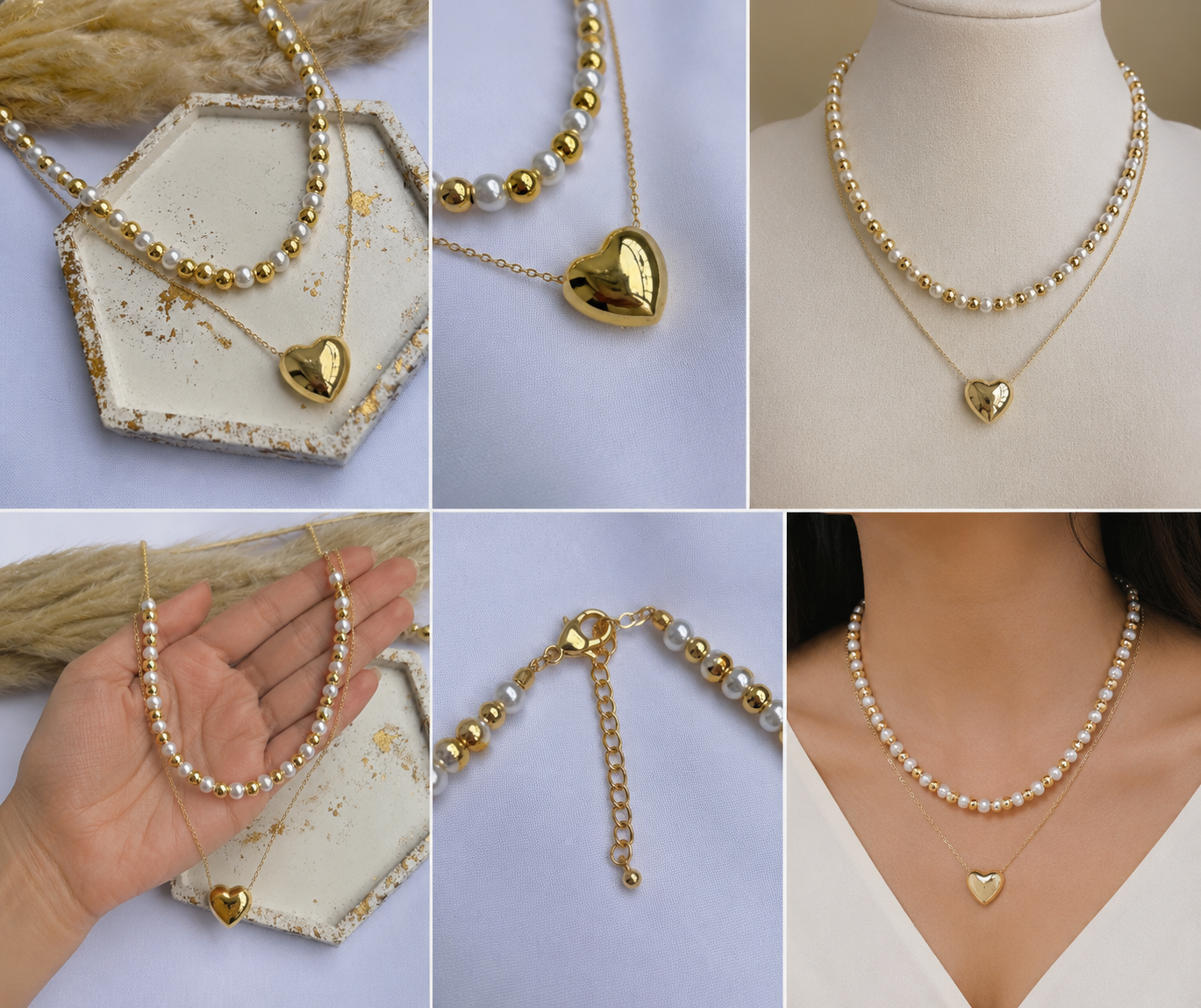 collar en rodio perlas y dije corazon